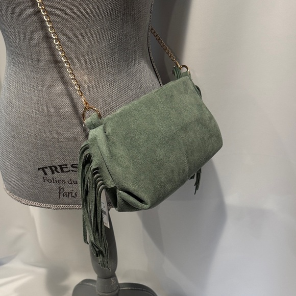 Handbags - Faux Suede Fringe Crossbody Bag in Sage Green